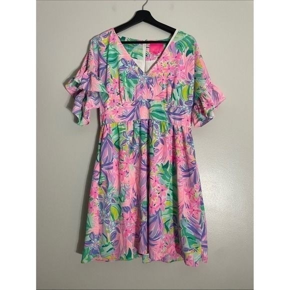 Lilly Pulitzer Dresses & Skirts - Lilly Pulitzer Dress Rayon Tropical Floral Ruffle Sleeve 8 Preppy Vacation